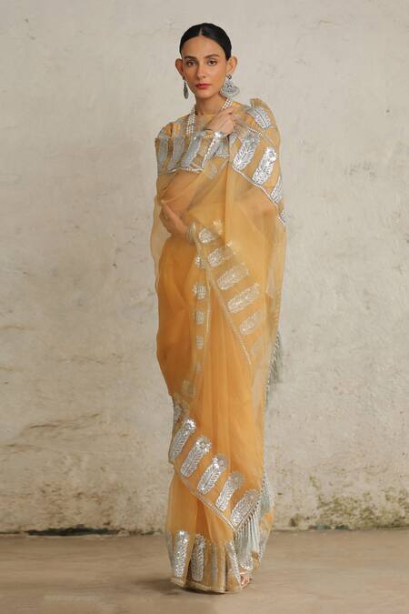 Shop_Saksham & Neharicka_Yellow Organza Applique, Embroidery Collared Maharani Hand Saree With Blouse _Online_at_Aza_Fashions