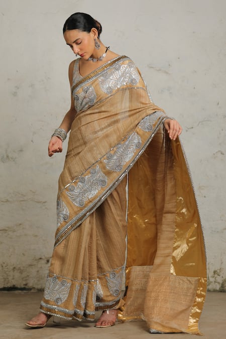 Saksham & Neharicka Beige Tussar Gota Patti, Mahalaya Embroidered Saree With Unstitched Blouse Piece Online at Aza Fashions Saksham & Neharicka_Beige Tussar Gota Patti, Mahalaya Embroidered Saree With Unstitched Blouse Piece _Online_at_Aza_Fashions