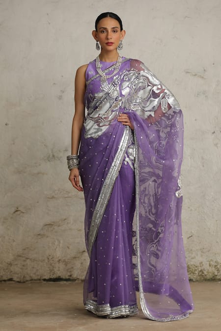SAKSHAM & NEHARICKA Purple Organza Hand Embroidered Aari Closed Cosmos Saree With Blouse 