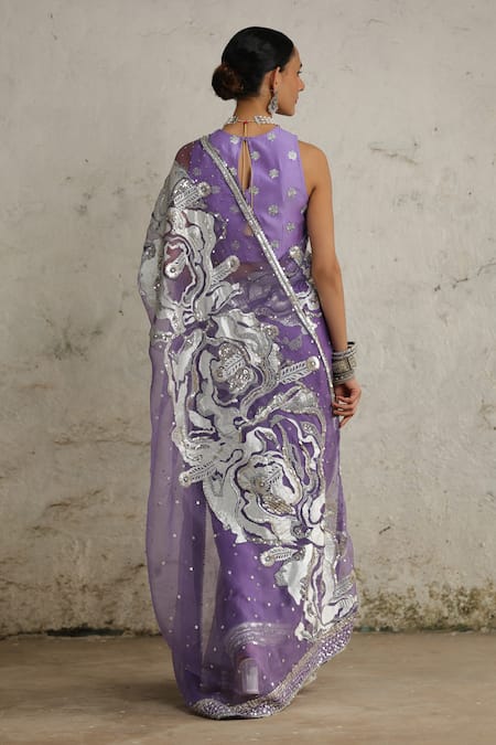 Shop_Saksham & Neharicka_Purple Organza Embroidery Collared Cosmos Hand Saree With Blouse _at_Aza_Fashions