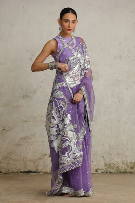 Buy_Saksham & Neharicka_Purple Organza Embroidery Collared Cosmos Hand Saree With Blouse _Online_at_Aza_Fashions