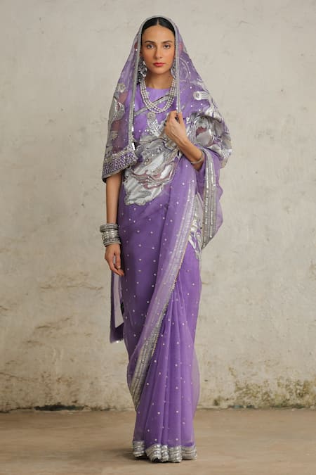 Shop_Saksham & Neharicka_Purple Organza Embroidery Collared Cosmos Hand Saree With Blouse _Online_at_Aza_Fashions
