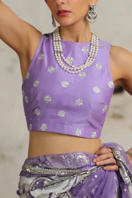Saksham & Neharicka_Purple Organza Embroidery Collared Cosmos Hand Saree With Blouse _at_Aza_Fashions