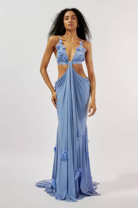 Deme by Gabriella Purple Malai Lycra Embroidered Rose Applique Plunging Work Cutout Gown 