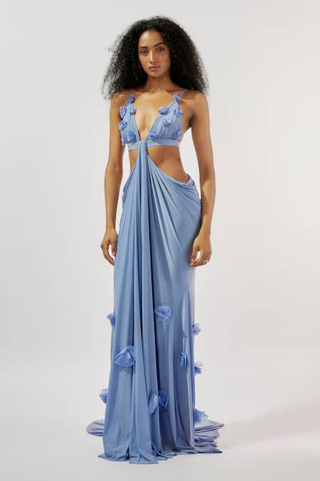 Buy Deme By Gabriella Purple Lycra Applique Plunge Neck Rose Work Cutout Gown Online at Aza Fashions Buy_Deme By Gabriella_Purple Lycra Applique Plunge Neck Rose Work Cutout Gown _Online_at_Aza_Fashions
