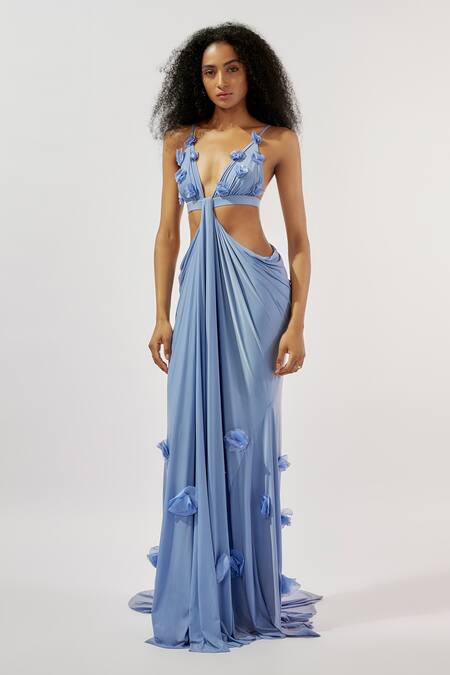 Shop Deme By Gabriella Purple Lycra Applique Plunge Neck Rose Work Cutout Gown Online at Aza Fashions Shop_Deme By Gabriella_Purple Lycra Applique Plunge Neck Rose Work Cutout Gown _Online_at_Aza_Fashions