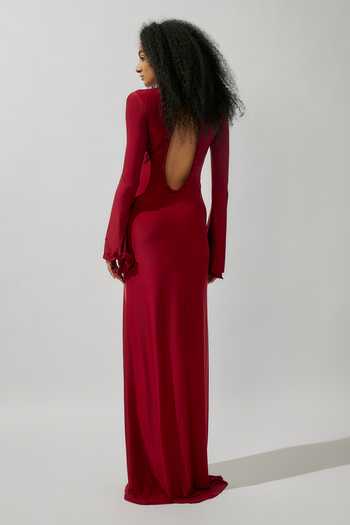 Deme By Gabriella Maroon Lycra Round Neck Solid Cutout Gown Online at Aza Fashions Deme By Gabriella_Maroon Lycra Round Neck Solid Cutout Gown _Online_at_Aza_Fashions