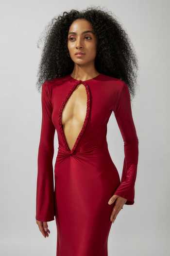 Buy Deme By Gabriella Maroon Lycra Round Neck Solid Cutout Gown Online at Aza Fashions Buy_Deme By Gabriella_Maroon Lycra Round Neck Solid Cutout Gown _Online_at_Aza_Fashions