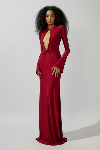 Shop Deme By Gabriella Maroon Lycra Round Neck Solid Cutout Gown Online at Aza Fashions Shop_Deme By Gabriella_Maroon Lycra Round Neck Solid Cutout Gown _Online_at_Aza_Fashions