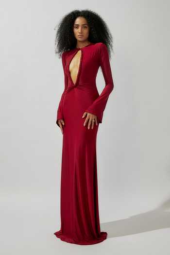 Deme By Gabriella Maroon Lycra Round Neck Solid Cutout Gown at Aza Fashions Deme By Gabriella_Maroon Lycra Round Neck Solid Cutout Gown _at_Aza_Fashions