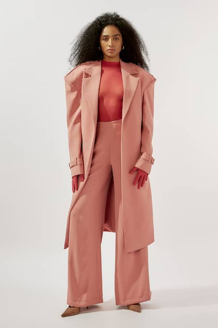 Deme by Gabriella Longline Lapel Collar Trench Coat Pant Set 