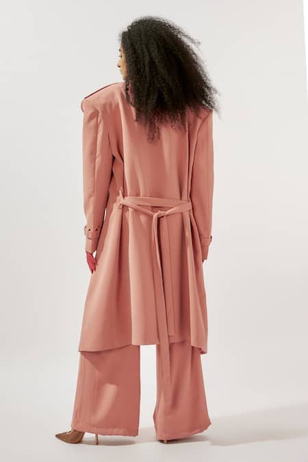 Deme By Gabriella Longline Lapel Collar Trench Coat Pant Set 