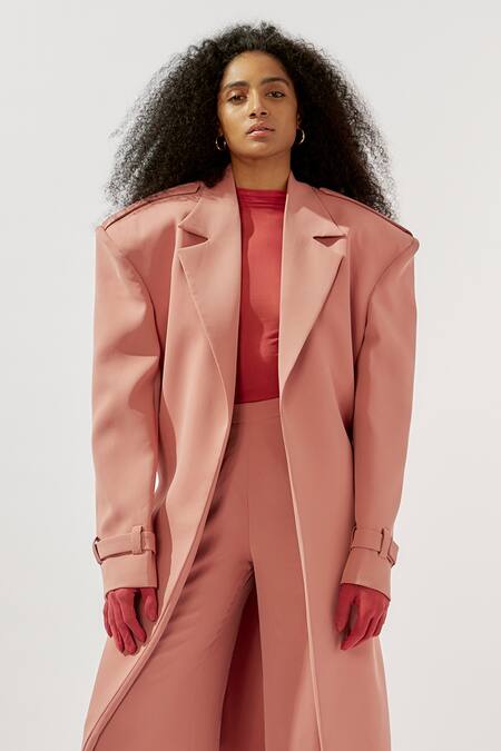 Buy_Deme By Gabriella_Pink Net Collared, Crew Neck Longline Lapel Trench Coat Pant Set _Online_at_Aza_Fashions