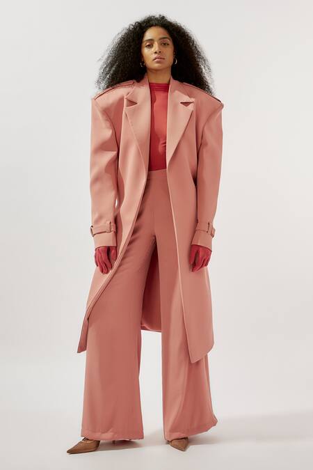 Shop_Deme By Gabriella_Pink Net Collared, Crew Neck Longline Lapel Trench Coat Pant Set _Online_at_Aza_Fashions
