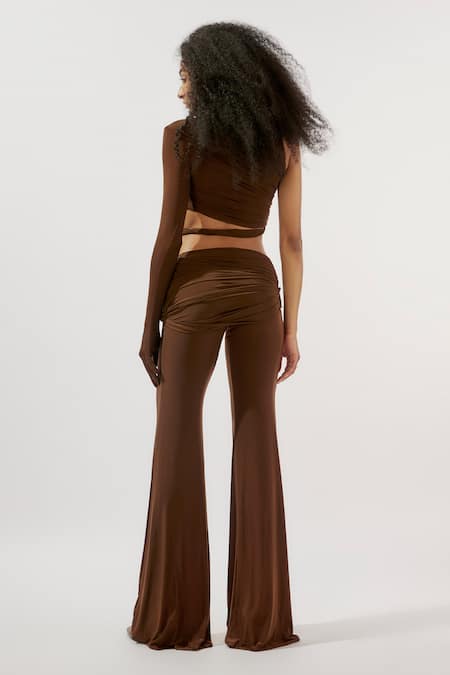 Deme By Gabriella Brown Net, Lycra One Shoulder Ruched Top And Trouser Set Online at Aza Fashions Deme By Gabriella_Brown Net, Lycra One Shoulder Ruched Top And Trouser Set _Online_at_Aza_Fashions