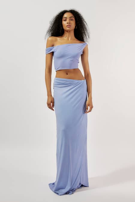 Shop_Deme By Gabriella_Purple Lycra One Shoulder Asymmetric Top And Skirt Set _Online_at_Aza_Fashions