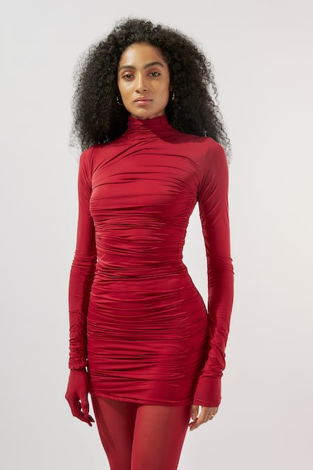 Buy_Deme By Gabriella_Maroon Net, Maheshwari High Neck Ruched Short Dress With Stockings _Online_at_Aza_Fashions