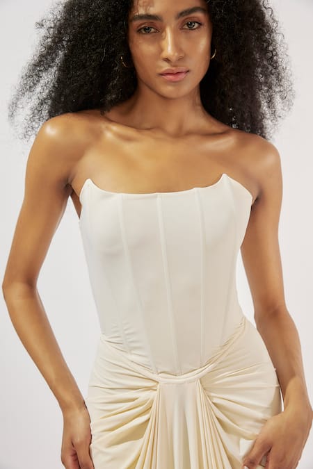 Buy_Deme By Gabriella_Ivory Lycra Scoop Neck Corset Draped Gown _Online_at_Aza_Fashions