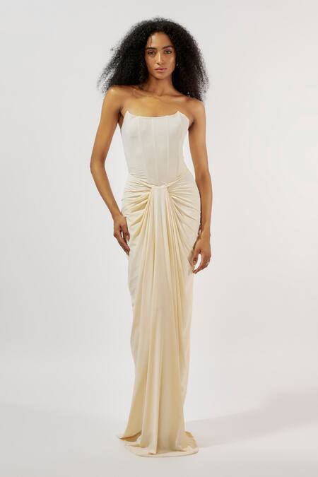 Shop_Deme By Gabriella_Ivory Lycra Scoop Neck Corset Draped Gown _Online_at_Aza_Fashions