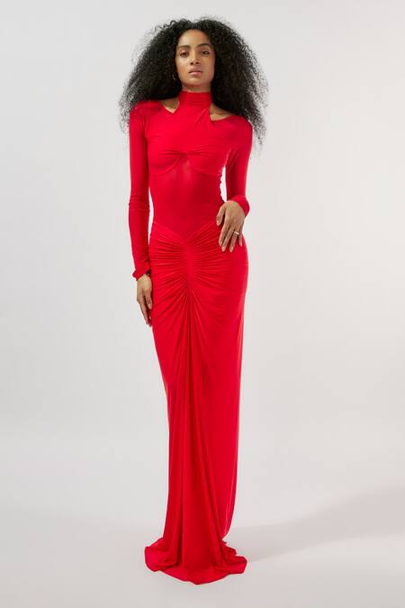 Deme by Gabriella Red Malai Lycra High Round Mesh Full Sleeve Ruched Gown 