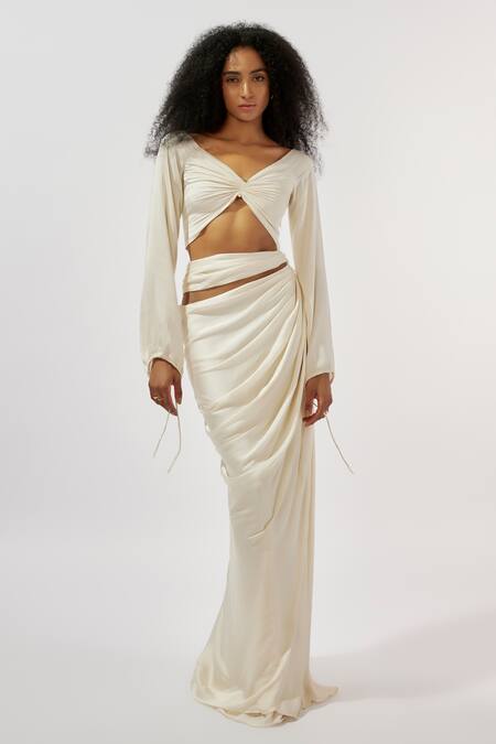 Buy Deme By Gabriella Ivory Modal, Satin V-neck Draped Cutout Gown Online at Aza Fashions Buy_Deme By Gabriella_Ivory Modal, Satin V-neck Draped Cutout Gown _Online_at_Aza_Fashions