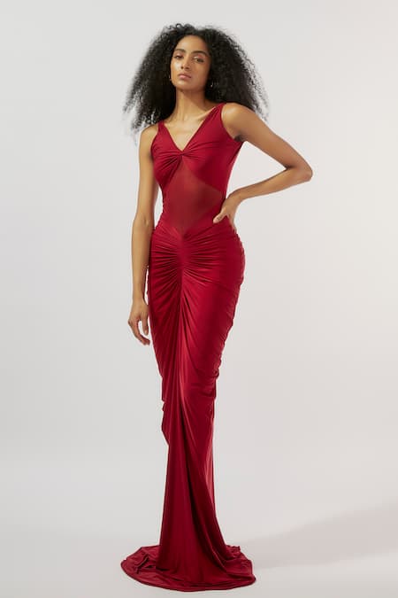 Deme by Gabriella Mesh Paneled Ruched Gown 