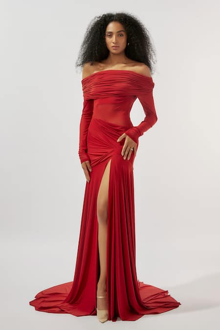 Deme by Gabriella Maroon Malai Lycra Solid Straight Draped Off Shoulder High Slit Gown 