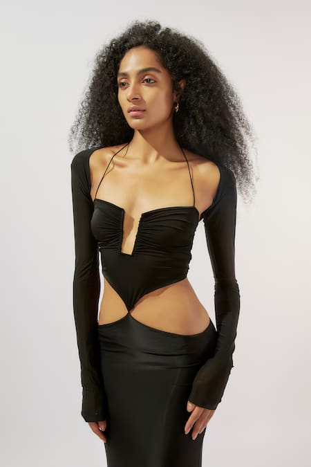 Buy Deme By Gabriella Black Lycra Plunge , Open Waist Cut-out Gown With Bolero Jacket Online at Aza Fashions Buy_Deme By Gabriella_Black Lycra Plunge , Open Waist Cut-out Gown With Bolero Jacket _Online_at_Aza_Fashions