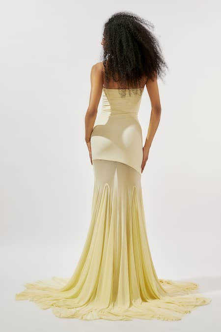Deme By Gabriella Yellow Net, Lycra Bandeau Neck Flared Mesh Panelled Tube Gown Online at Aza Fashions Deme By Gabriella_Yellow Net, Lycra Bandeau Neck Flared Mesh Panelled Tube Gown _Online_at_Aza_Fashions