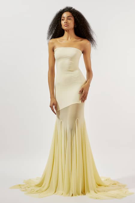 Shop Deme By Gabriella Yellow Net, Lycra Bandeau Neck Flared Mesh Panelled Tube Gown Online at Aza Fashions Shop_Deme By Gabriella_Yellow Net, Lycra Bandeau Neck Flared Mesh Panelled Tube Gown _Online_at_Aza_Fashions