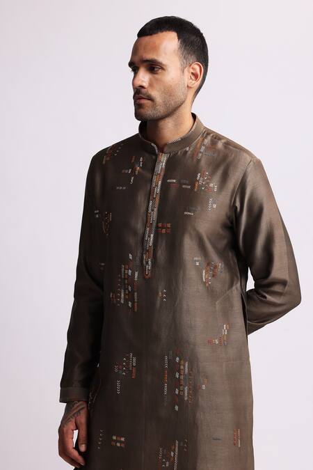 Shop Countrymade Brown Chanderi, Cotton Embroidery Multi-direction Kurta Set Online at Aza Fashions Shop_Countrymade_Brown Chanderi, Cotton Embroidery Multi-direction Kurta Set_Online_at_Aza_Fashions