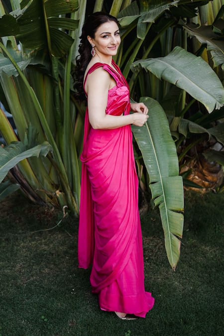 Reeti Arneja - Theklub_Pink Chiffon, Satin Embroidery Mirah Pre-stitched Saree With Leaf Blouse _at_Aza_Fashions