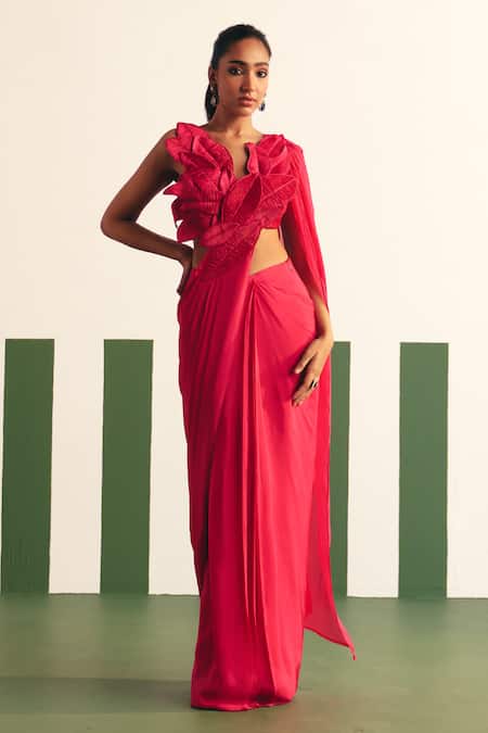 Shop_Reeti Arneja - Theklub_Pink Chiffon, Satin Embroidery Mirah Pre-stitched Saree With Leaf Blouse 