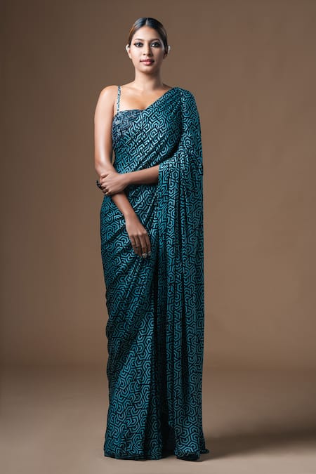 KHUSHBOO HARAN BORKAR Satin Drawstring Drape Geometric Print Saree 