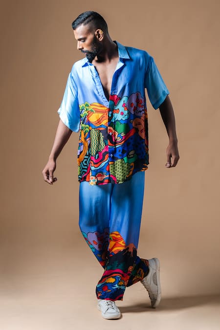 KHUSHBOO HARAN BORKAR Blue Cupro Satin Printed Scenic Shirt And Pant Co-ord Set 