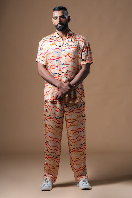 KHUSHBOO HARAN BORKAR Peach Cupro Satin Printed Wave Shirt Pant Co-ord Set 