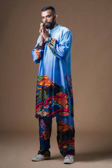 Khushboo Haran Borkar_Blue Satin Scenic Print Pant Co-ord Set_Online_at_Aza_Fashions