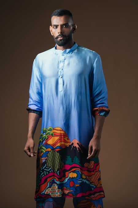 Buy_Khushboo Haran Borkar_Blue Satin Scenic Print Pant Co-ord Set_Online_at_Aza_Fashions