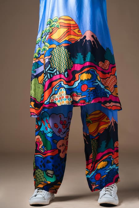 Shop_Khushboo Haran Borkar_Blue Satin Scenic Print Pant Co-ord Set_Online_at_Aza_Fashions