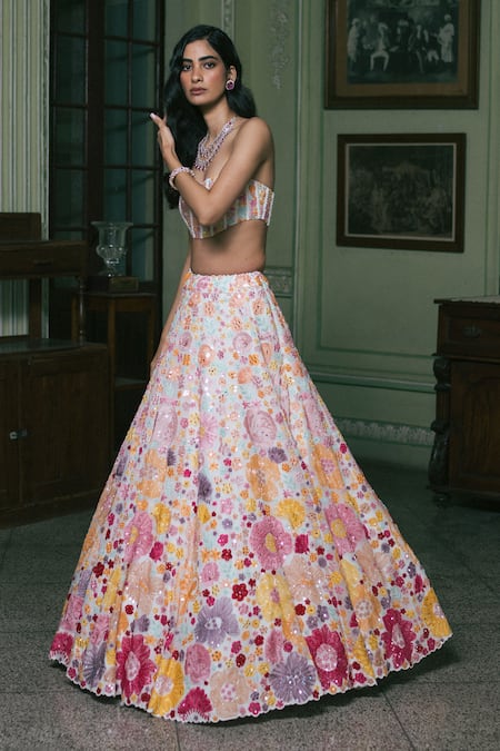 Shop_Mishru_Ivory Chanderi, Organza Sequins, Iris Thread Bridal Lehenga Corset Blouse Set _at_Aza_Fashions