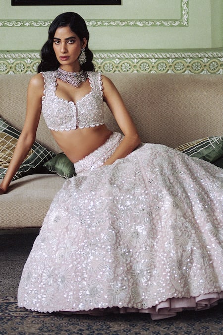 Shop Mishru Pink Tulle, Organza Sequins, Zari, Lyana Flower Embroidered Bridal Lehenga Set at Aza Fashions Shop_Mishru_Pink Tulle, Organza Sequins, Zari, Lyana Flower Embroidered Bridal Lehenga Set _at_Aza_Fashions