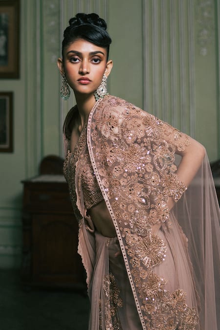 Mishru_Gold Tulle, Satin Sequins, Cut Lysa Border Embroidered Saree Set With Jacket _Online_at_Aza_Fashions