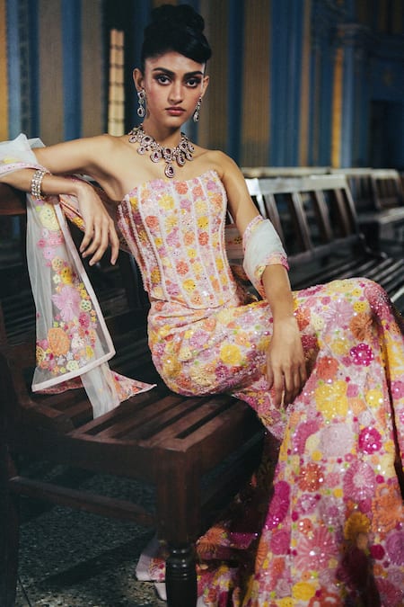 Shop Mishru Ivory Tulle Mirrors, Sequins, Magnolia Embroidered Mermaid Bridal Lehenga Set at Aza Fashions Shop_Mishru_Ivory Tulle Mirrors, Sequins, Magnolia Embroidered Mermaid Bridal Lehenga Set _at_Aza_Fashions