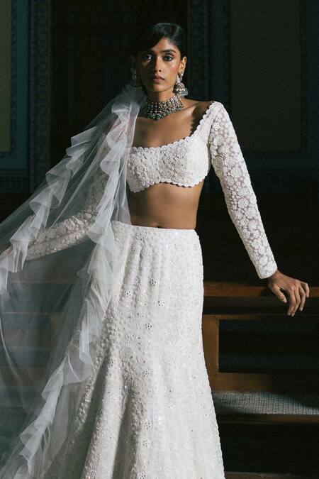 Mishru_Ivory Chiffon Cut Work, Eloise Flower Embroidered Fishtail Skirt And Blouse Set _Online_at_Aza_Fashions