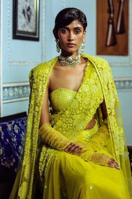 Mishru_Green Tulle, Satin Adelline Floral Border Embroidered Saree Set With Cape _Online_at_Aza_Fashions