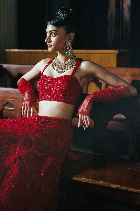 Shop_Mishru_Red Tulle Sequins, Daphene Floral Embroidered Bridal Lehenga With Blouse _at_Aza_Fashions