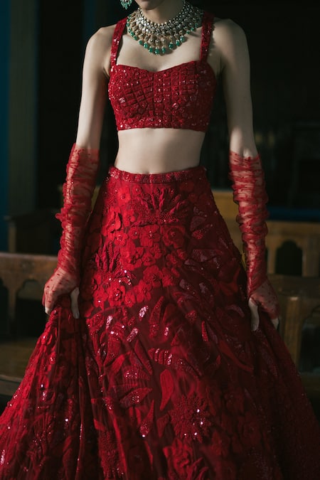 Mishru_Red Tulle Sequins, Daphene Floral Embroidered Bridal Lehenga With Blouse _Online_at_Aza_Fashions