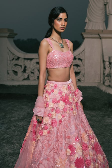 Shop_Mishru_Pink Tulle Sequins, Daphene Floral Blossom Embroidered Bridal Lehenga Set _at_Aza_Fashions