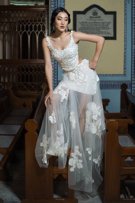 Buy_Mishru_Ivory Chanderi, Tulle Embroidery, Sequins Kinsley Floral Bunch Top With Skirt _Online_at_Aza_Fashions