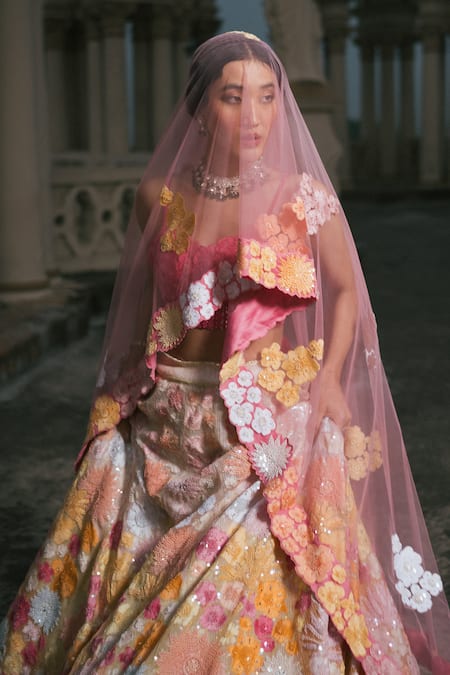 Shop_Mishru_Multi Color Organza, Chanderi, Tulle Sequins, Nemesia Floral Bridal Lehenga Set _at_Aza_Fashions